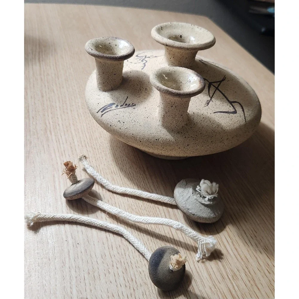 Vintage 3 Chimney Clay Oil Lamp Signed By Artist.‎